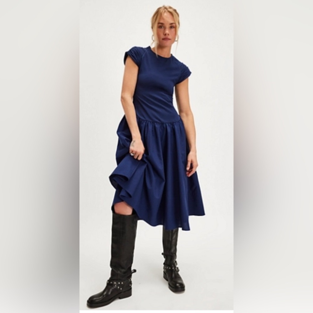 free people Afternoon Elegance stretch-cotton midi dress navy sz s - Picture 2 of 8